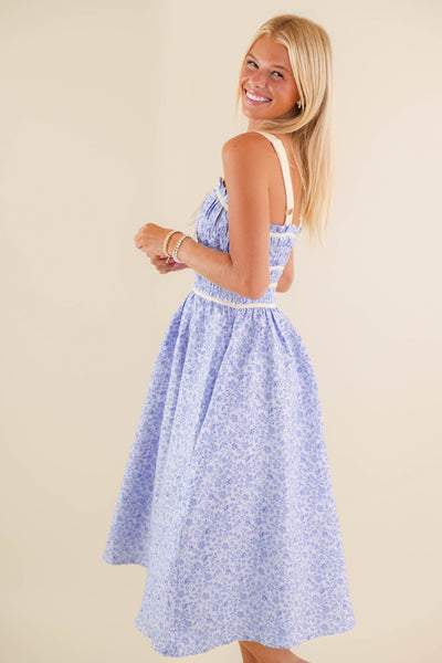 Light Blue Floral Midi Dress- Jacquard Midi Dress- Women's Blue Dress With Bows