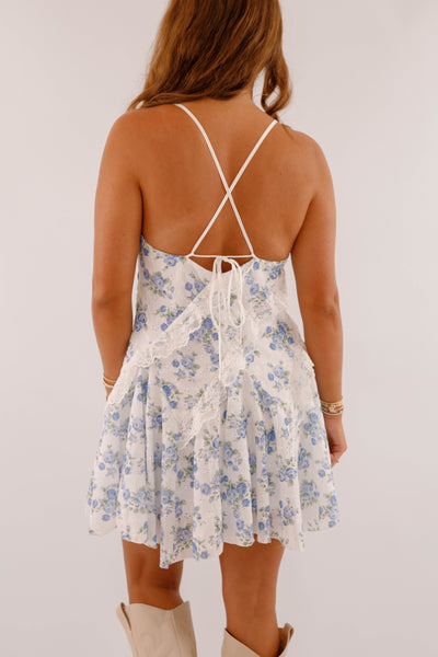 Blue and White Lace Mini Dress- Women's Blue Floral Lace Dress- Sorority Girl Dresses