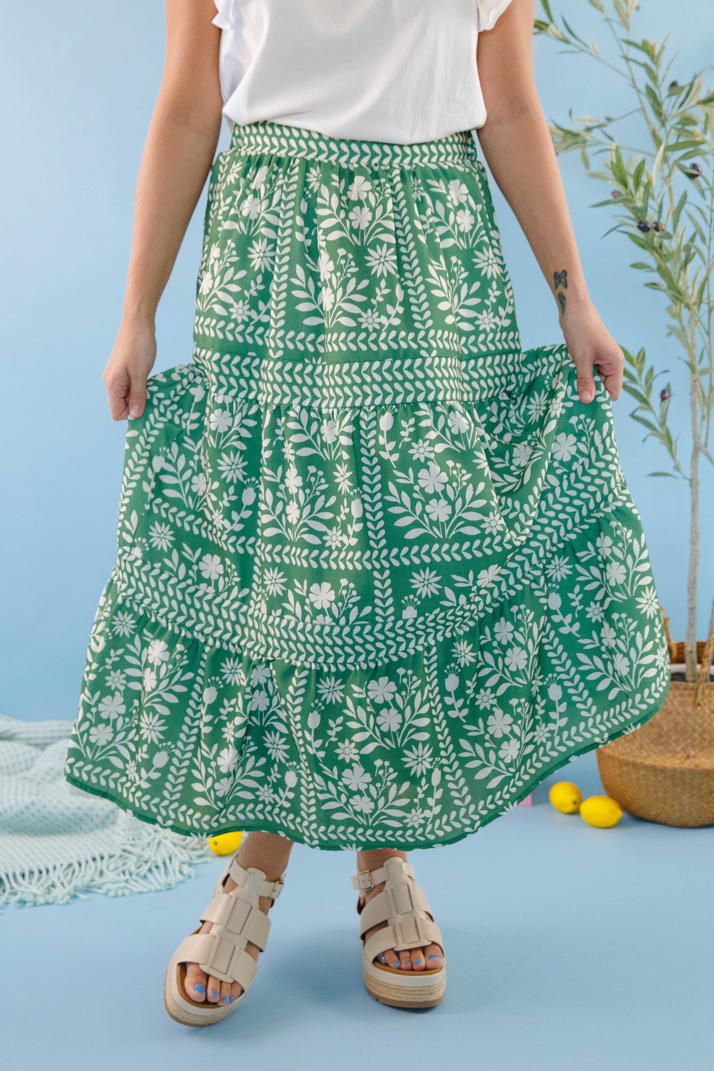 Women's Green Floral Maxi Skirt- Green and White Print Skirt- Women's Vacation Outfits