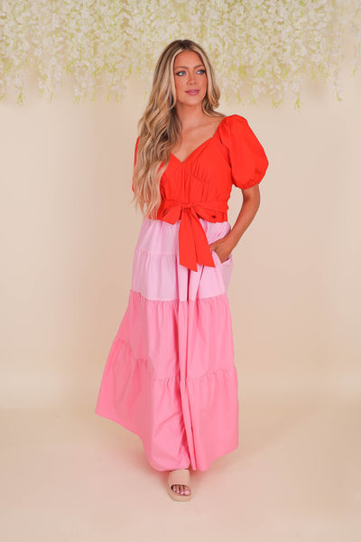 Women's Statement Maxi Dress- Pink and Red Maxi- Ces Femme Maxi Dress