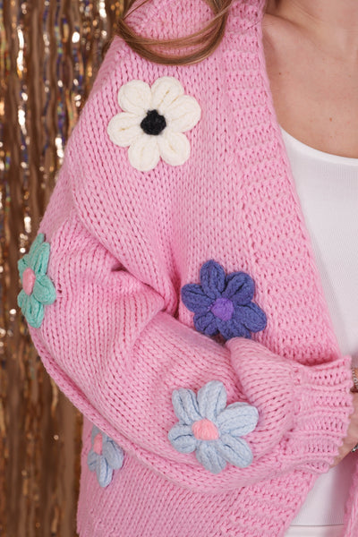 Pink 3D Flower Cardigan- Women's 3D Flower Sweater- Eesome Flower Cardigan