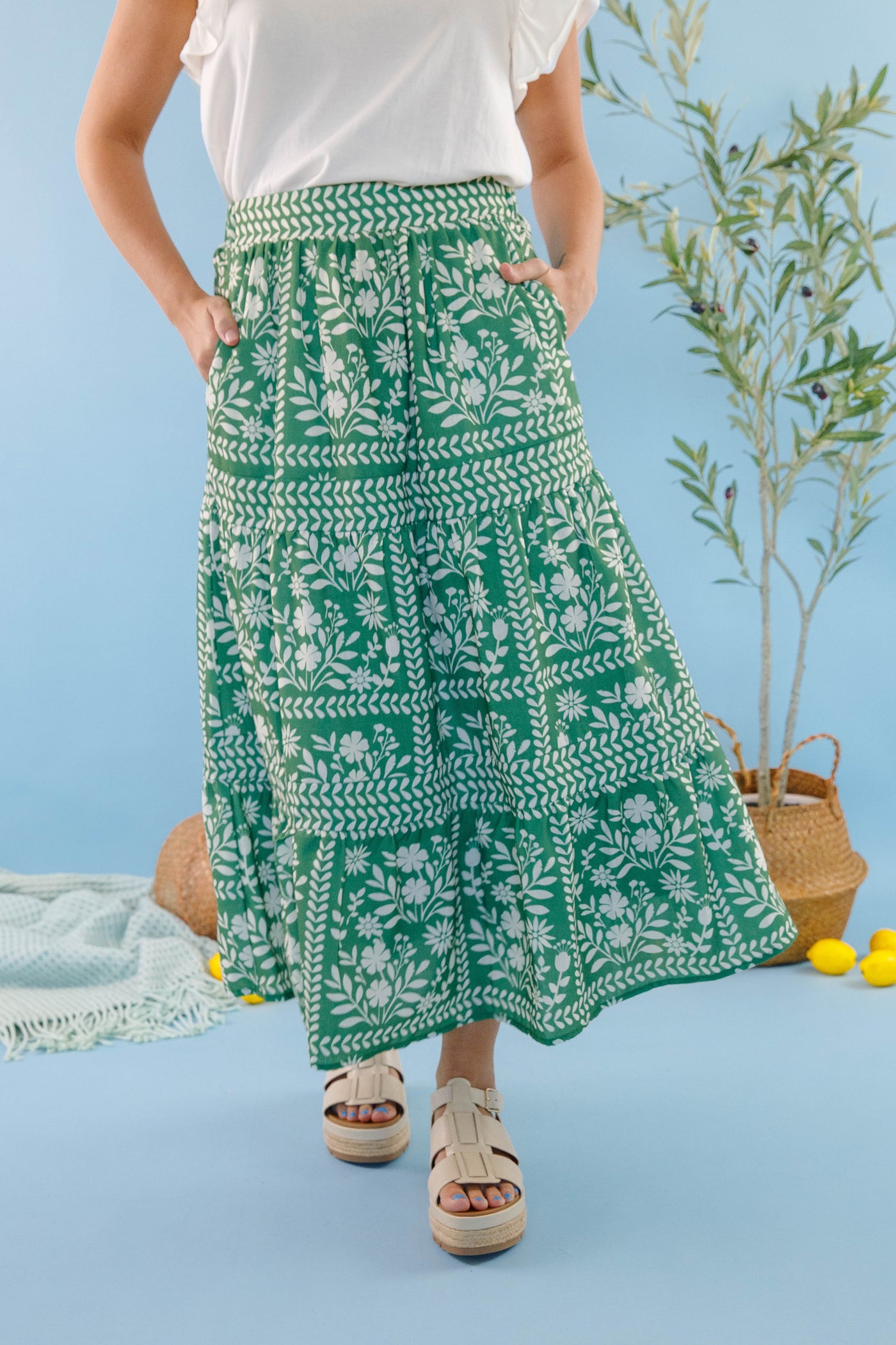 Women's Green Floral Maxi Skirt- Green and White Print Skirt- Women's Vacation Outfits