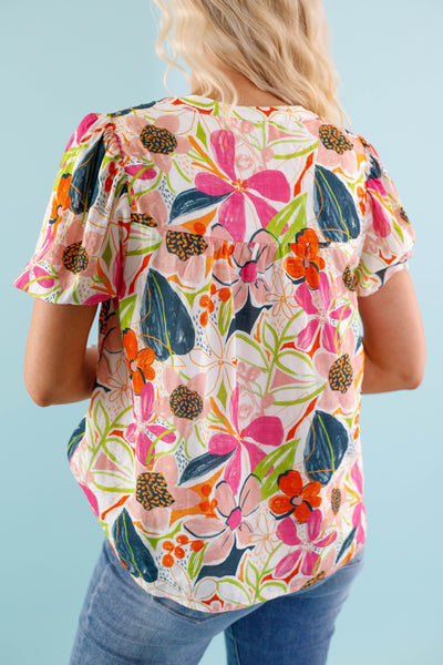 Women's Floral Button Down Blouse - Preppy Tropical Blouse- Floral Top by Fate