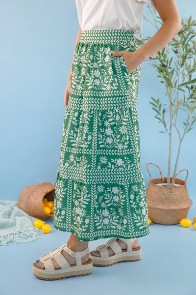 Women's Green Floral Maxi Skirt- Green and White Print Skirt- Women's Vacation Outfits