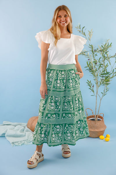 Women's Green Floral Maxi Skirt- Green and White Print Skirt- Women's Vacation Outfits