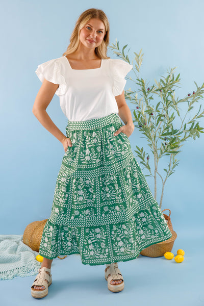 Women's Green Floral Maxi Skirt- Green and White Print Skirt- Women's Vacation Outfits