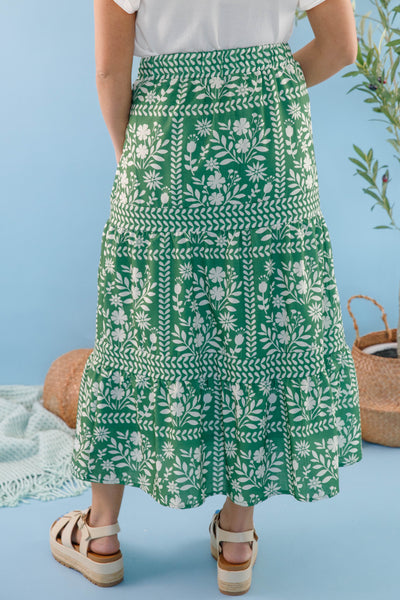 Women's Green Floral Maxi Skirt- Green and White Print Skirt- Women's Vacation Outfits