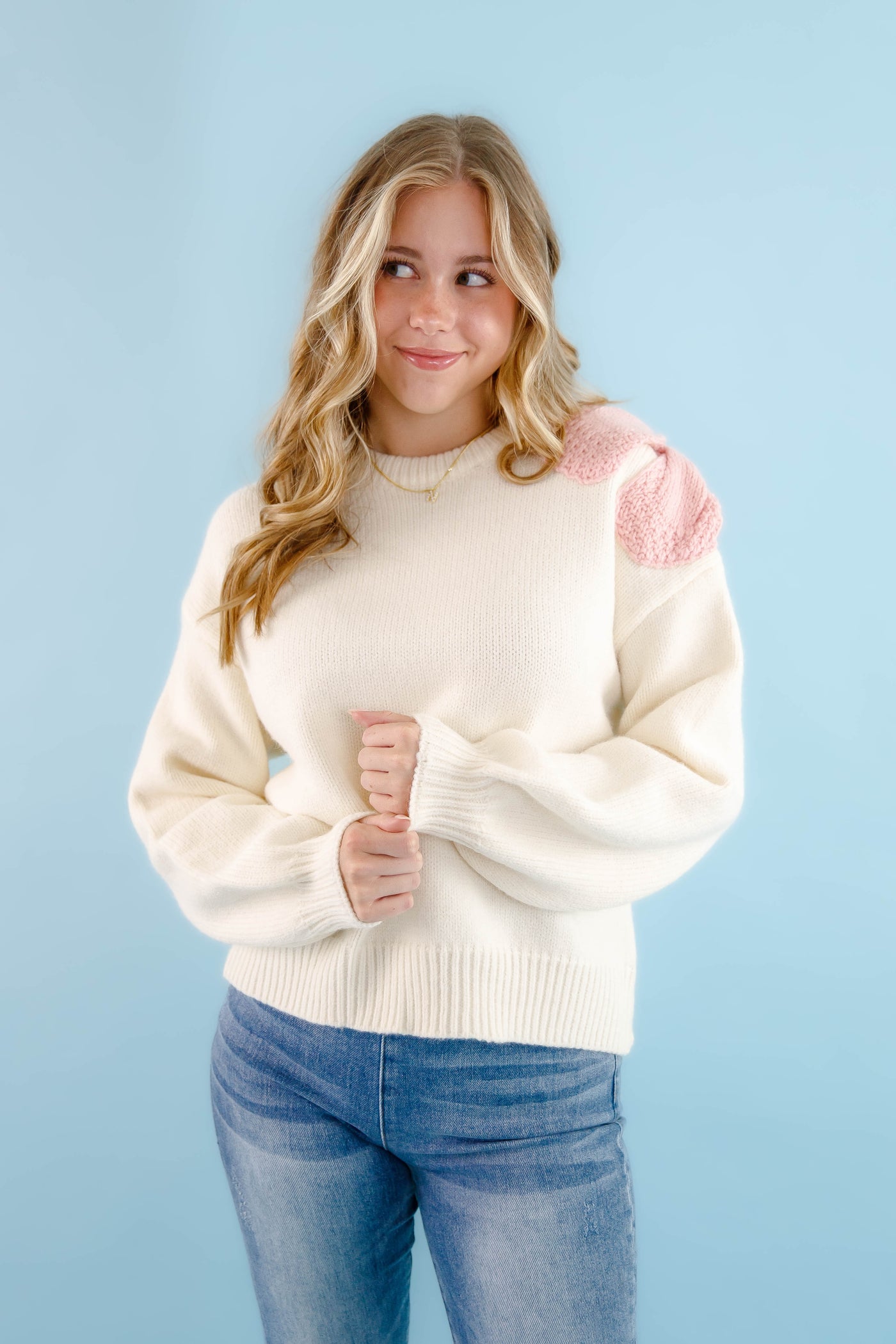 Women's Ivory Bow Knit Sweater- Pink Bow Sweater For Women- &Merci Bow Sweater