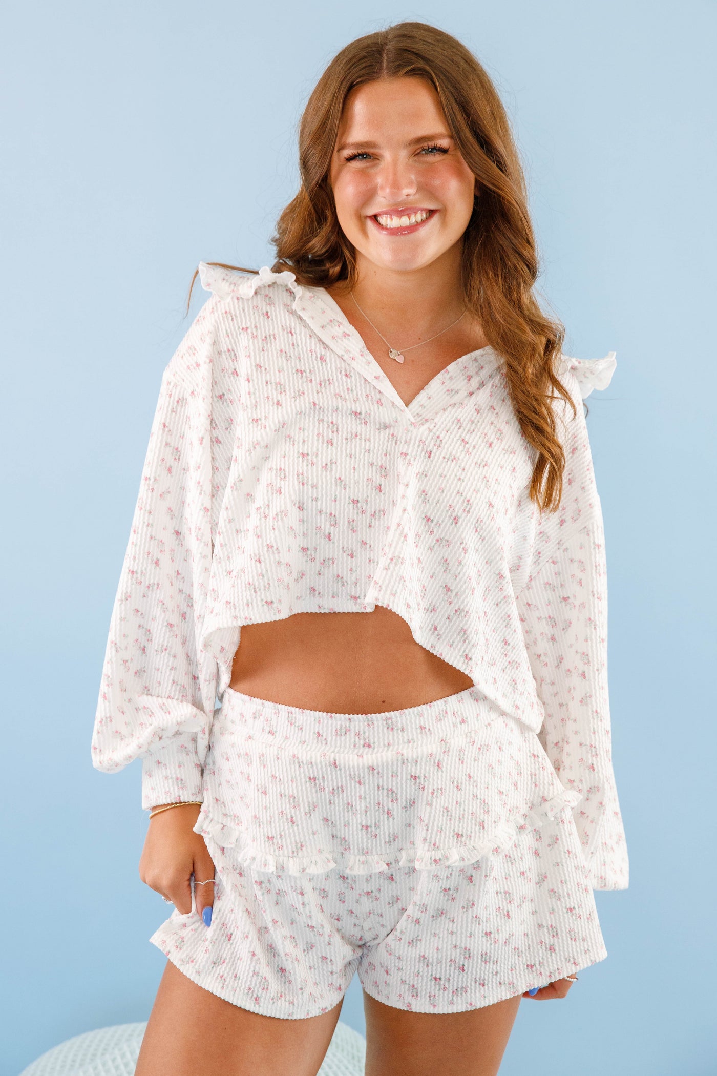 Dainty Floral Print Ribbed Pajama Top- White Ruffle Pajamas- Women's Pajama Short Set