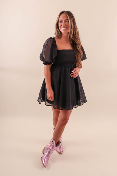 Women's Mini Dress- Black Puff Sleeve Dress- Vintage Shop Dress