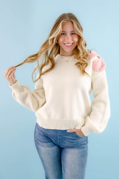 Women's Ivory Bow Knit Sweater- Pink Bow Sweater For Women- &Merci Bow Sweater