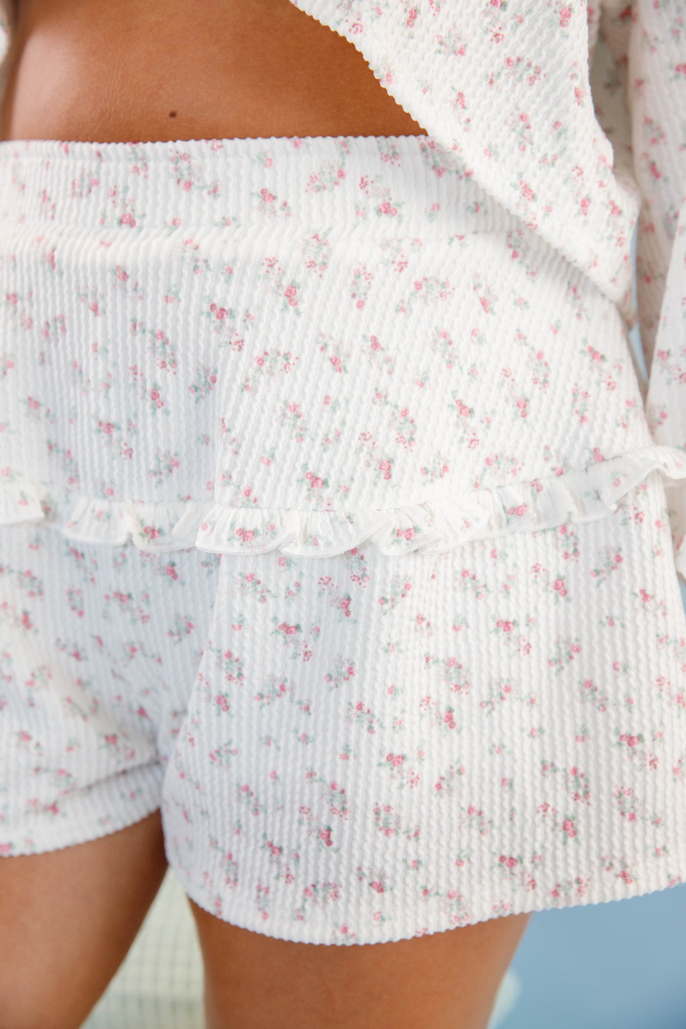 Dainty Floral Print Ribbed Pajama Shorts- White Ruffle Pajamas- Women's Pajama Short Set