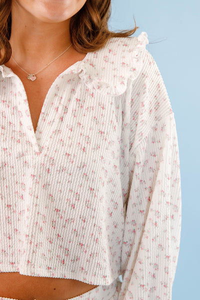 Dainty Floral Print Ribbed Pajama Top- White Ruffle Pajamas- Women's Pajama Short Set