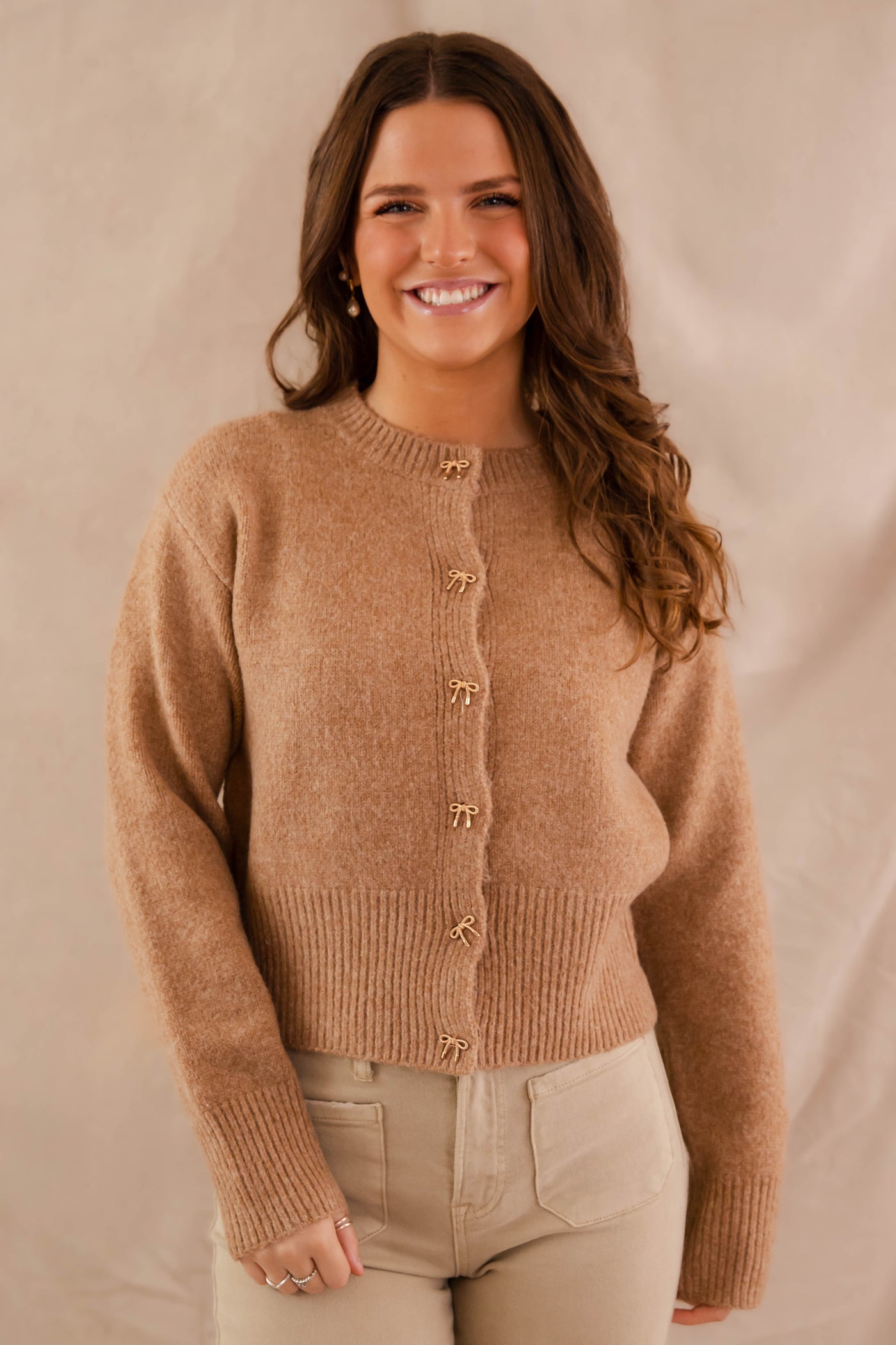 Women's Classic Taupe Cardigan- Women's Gold Bow Button Cardigan