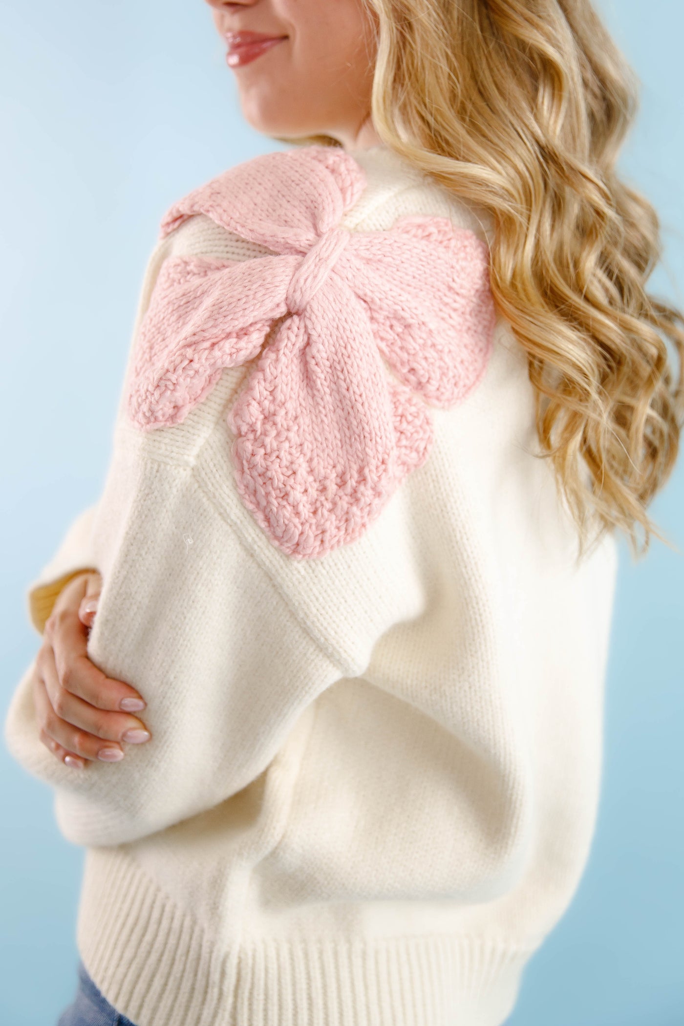 Women's Ivory Bow Knit Sweater- Pink Bow Sweater For Women- &Merci Bow Sweater