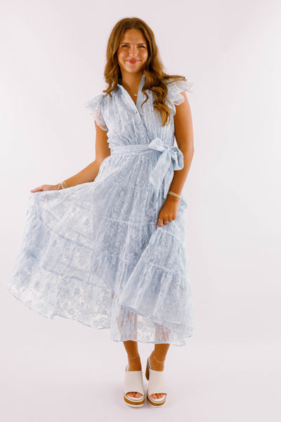 Blue Lace Flutter Sleeve Midi Dress- Women's Sophisticated Midi Dress
