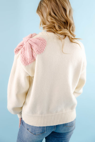 Women's Ivory Bow Knit Sweater- Pink Bow Sweater For Women- &Merci Bow Sweater