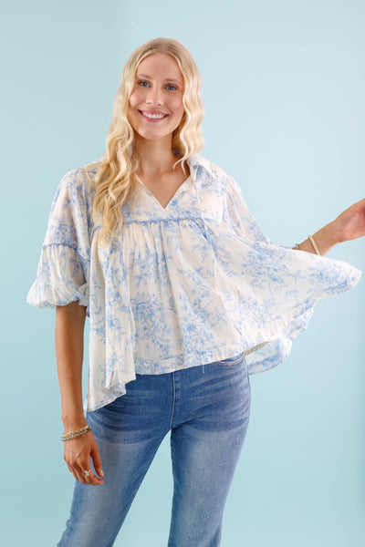 Women's Floral Peasant Top - Preppy Floral Rick Rack Blouse- Floral &merci Blouse