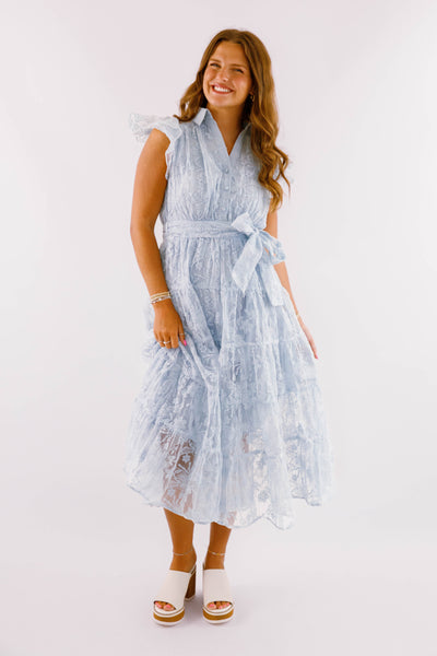 Blue Lace Flutter Sleeve Midi Dress- Women's Sophisticated Midi Dress