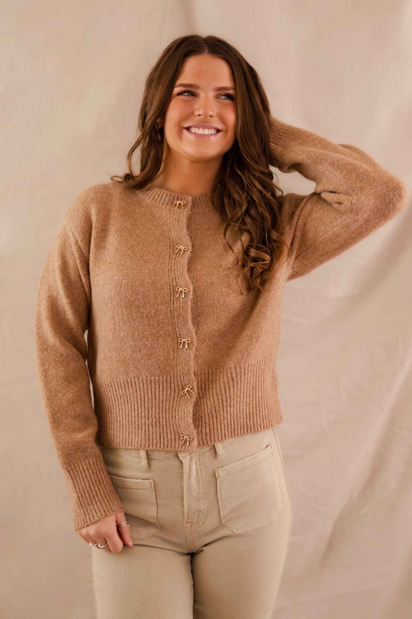 Women's Classic Taupe Cardigan- Women's Gold Bow Button Cardigan