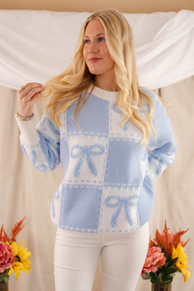 Blue Bow Embroidery Sweater- Women's Ribbon Sweater- Check Print Sweater