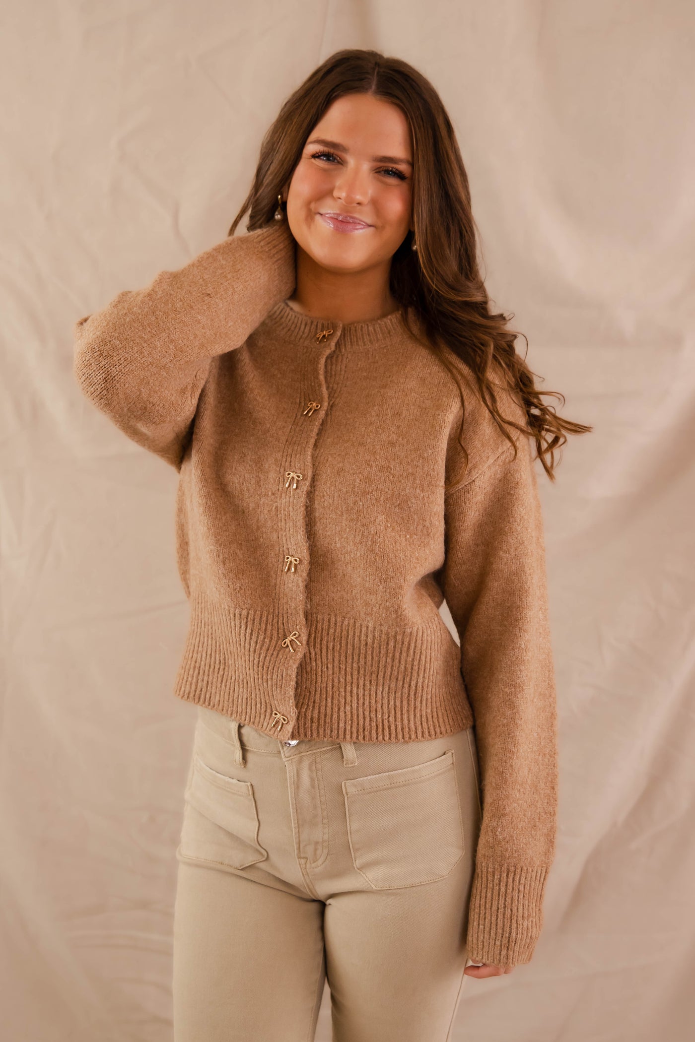 Women's Classic Taupe Cardigan- Women's Gold Bow Button Cardigan