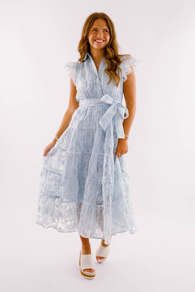 Blue Lace Flutter Sleeve Midi Dress- Women's Sophisticated Midi Dress