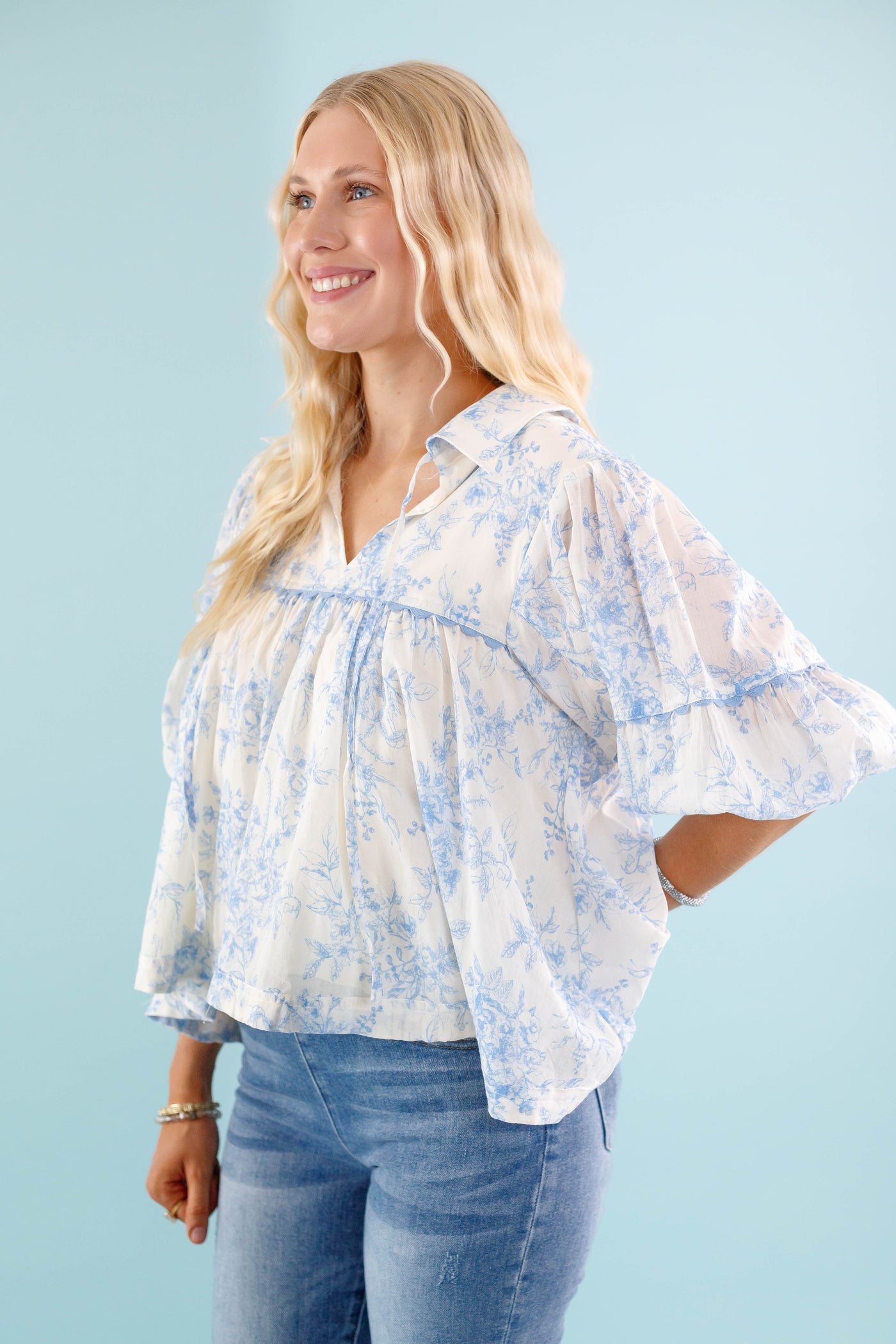 Women's Floral Peasant Top - Preppy Floral Rick Rack Blouse- Floral &merci Blouse