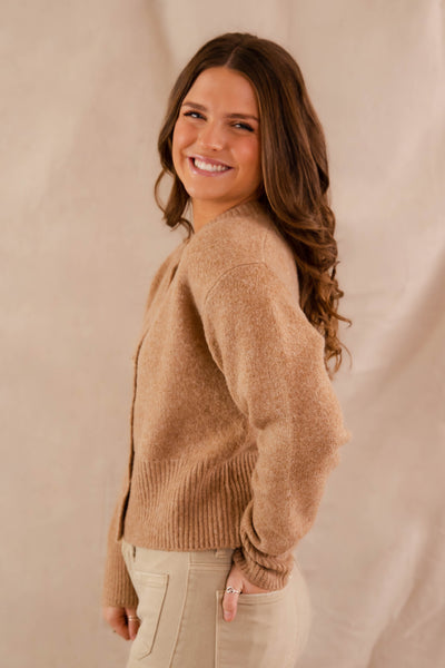 Women's Classic Taupe Cardigan- Women's Gold Bow Button Cardigan