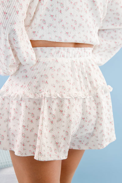 Dainty Floral Print Ribbed Pajama Shorts- White Ruffle Pajamas- Women's Pajama Short Set