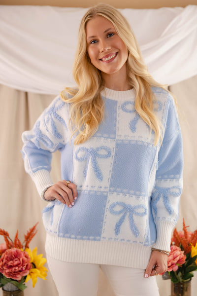 Blue Bow Embroidery Sweater- Women's Ribbon Sweater- Check Print Sweater