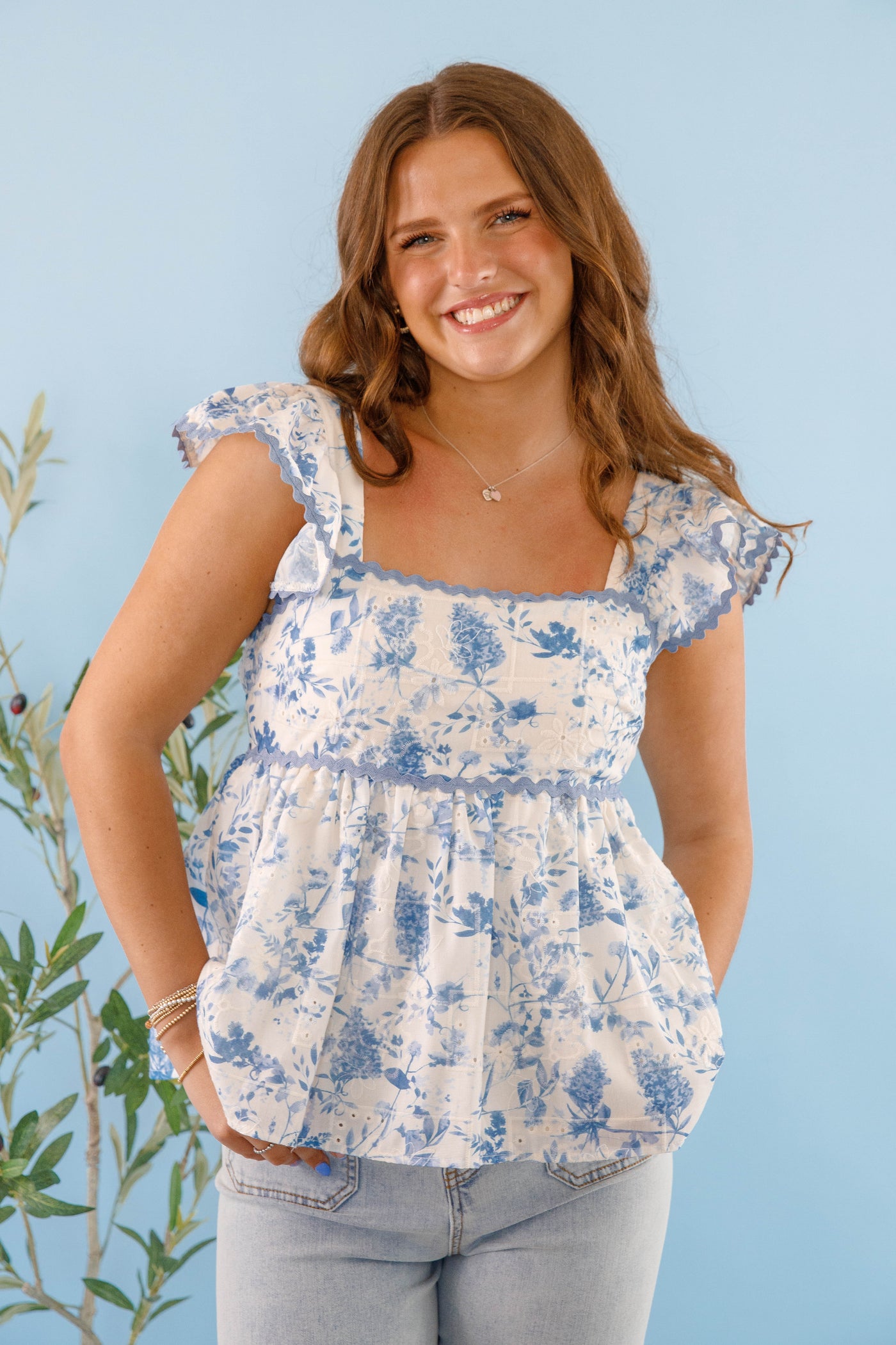 Blue Floral Print Ric-Rac Top- Women's Summer Tops