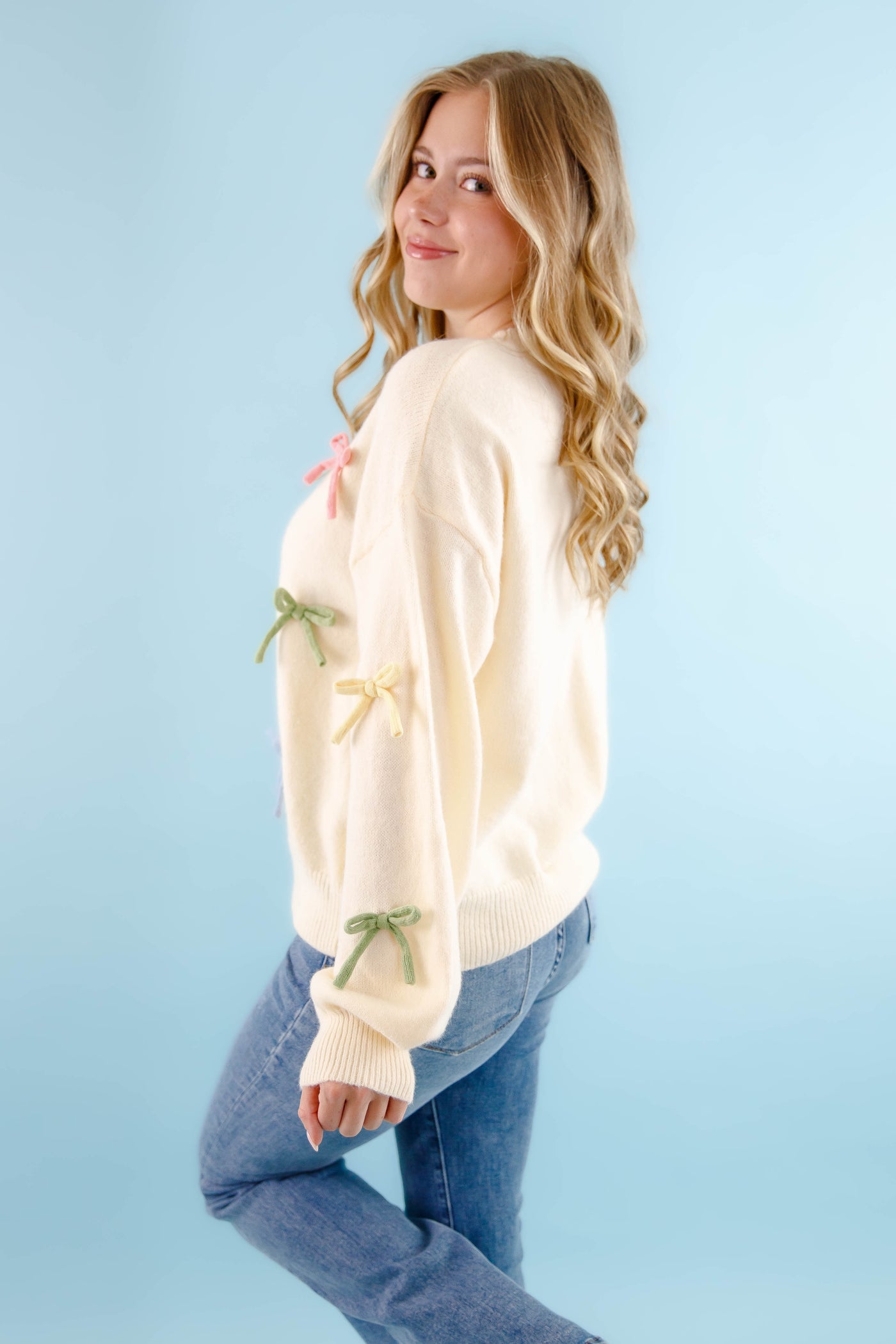 Women's 3D Bow Sweater- Rainbow Pastel Bow Sweater- Entro Bow Top