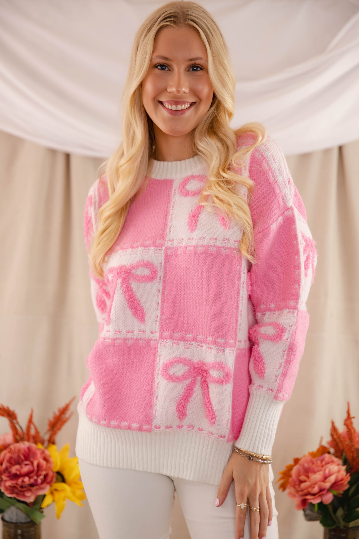 Pink Bow Embroidery Sweater- Women's Ribbon Sweater- Check Print Sweater