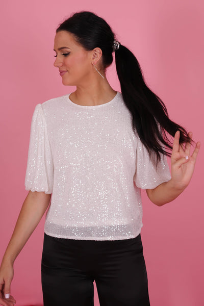 Women's White Sequin Blouse- Women's Holiday Tops- She + Sky Sequin Top