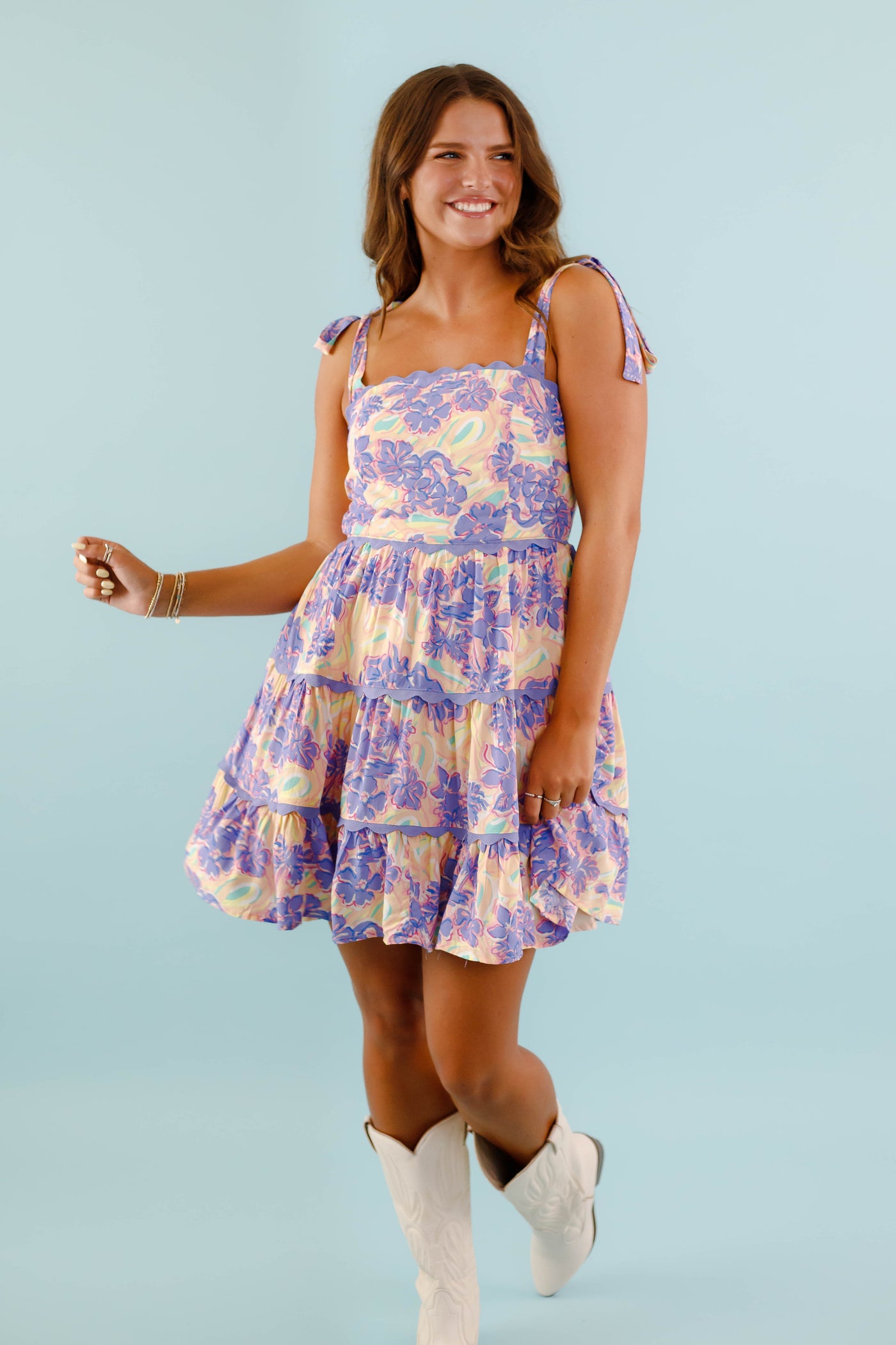 Floral Tiered Scallop Trim Mini Dress- Colorful Print Dress- &Merci Dresses