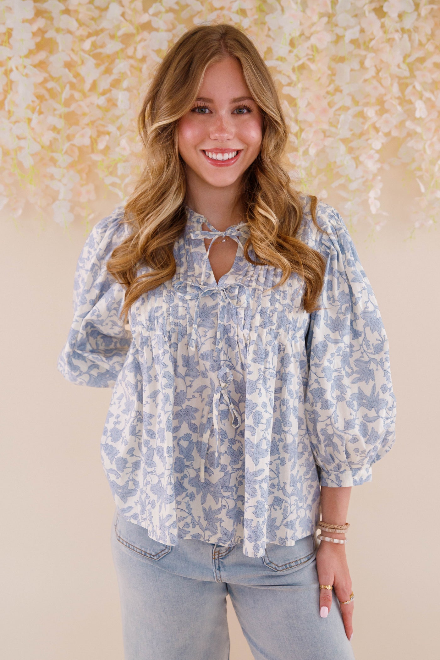 Blue Floral Print Cotton Top- Women's Cute Tops- Entro