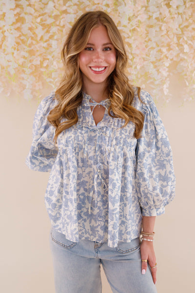 Blue Floral Print Cotton Top- Women's Cute Tops- Entro