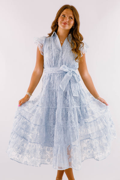 Blue Lace Flutter Sleeve Midi Dress- Women's Sophisticated Midi Dress