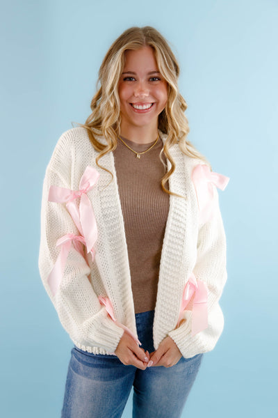 Ivory Knit Cardigan- Women's Pink Bow Cardigan- Oversized Pink Ribbon Cardigan