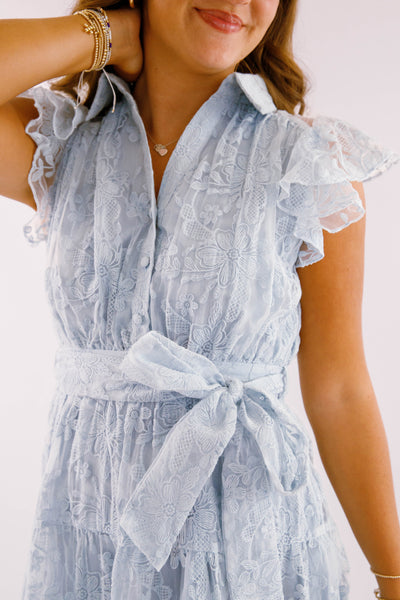 Blue Lace Flutter Sleeve Midi Dress- Women's Sophisticated Midi Dress