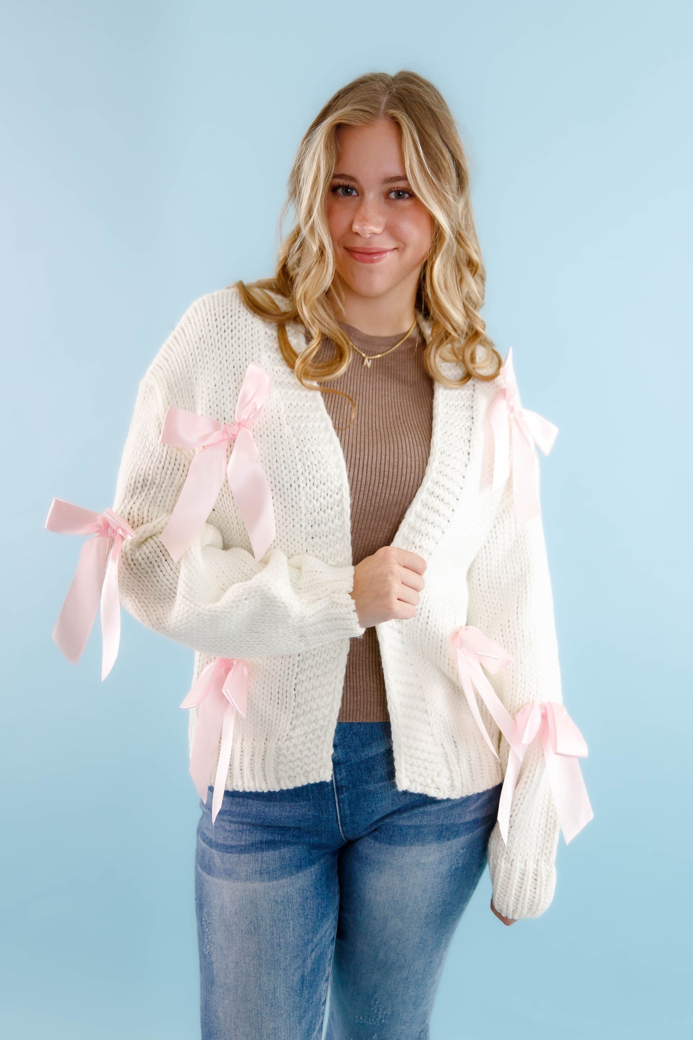 Ivory Knit Cardigan- Women's Pink Bow Cardigan- Oversized Pink Ribbon Cardigan