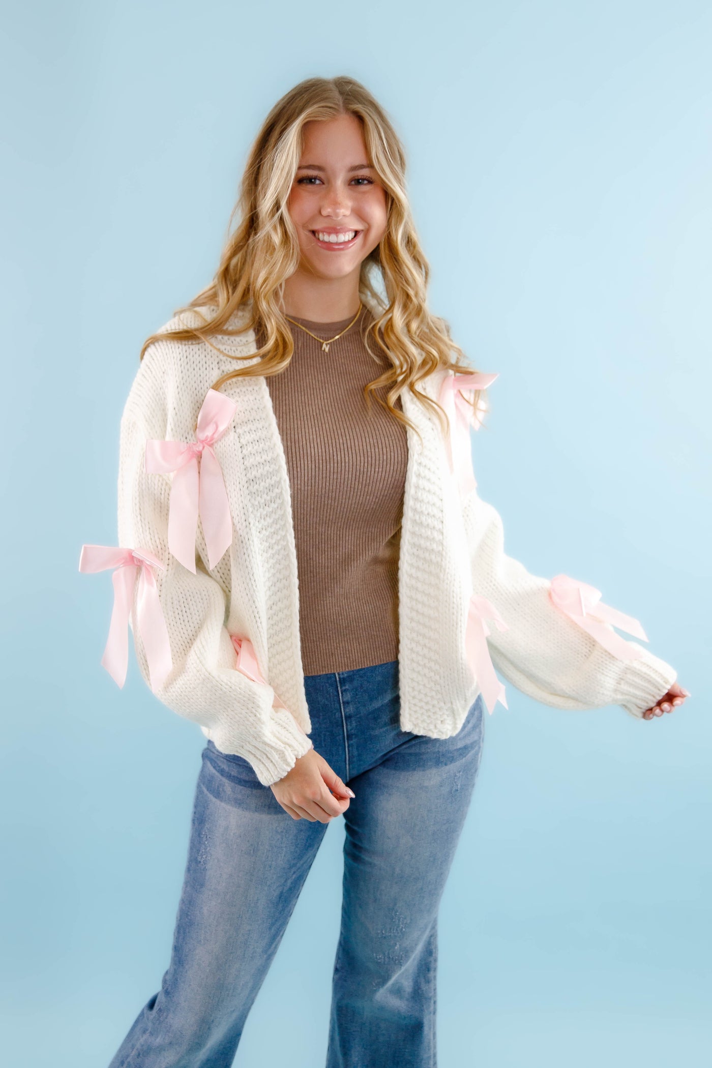 Ivory Knit Cardigan- Women's Pink Bow Cardigan- Oversized Pink Ribbon Cardigan