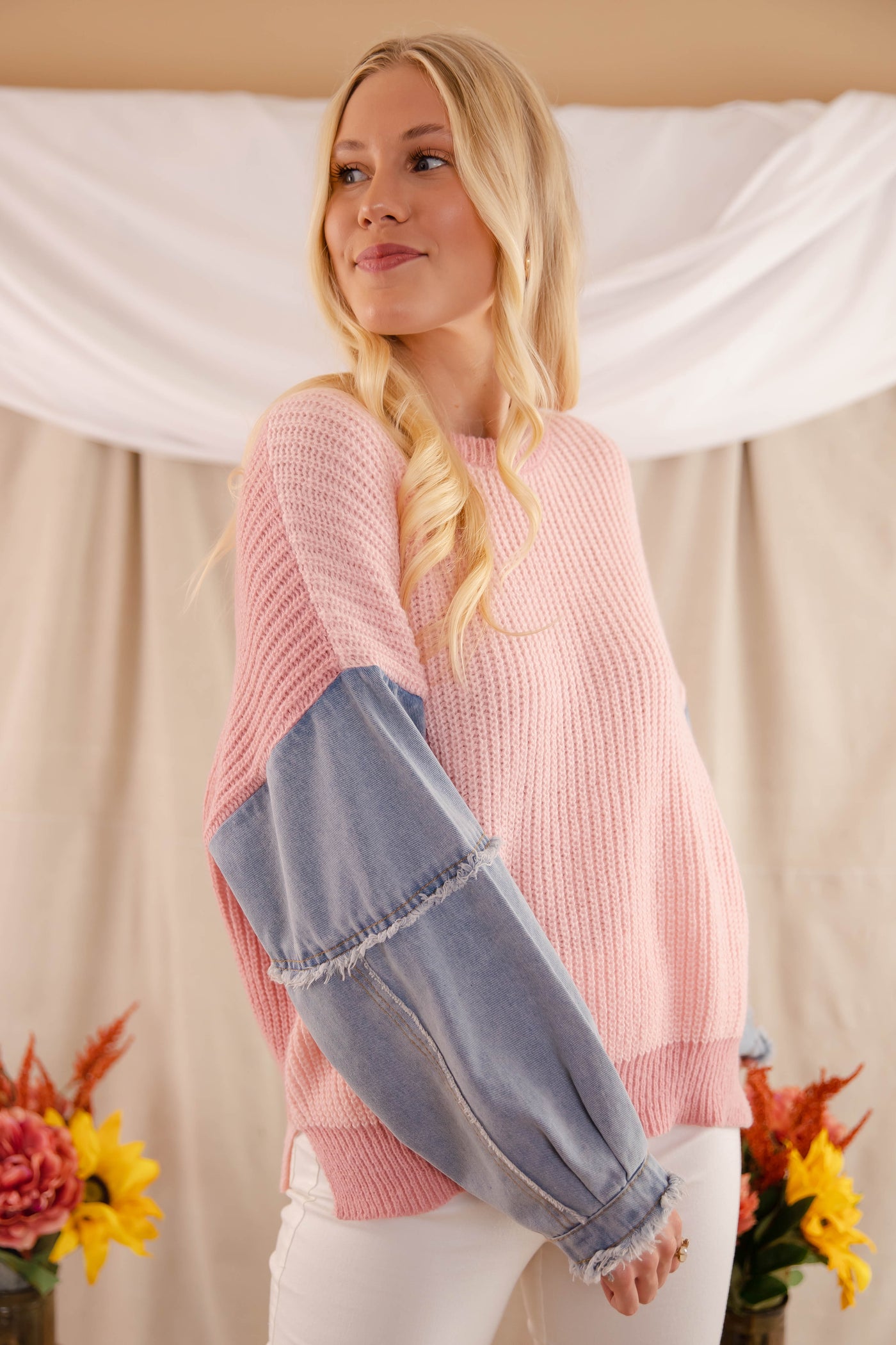 Women's Oversized Knit Sweater- Women's Denim Sleeve Sweater- Adora Color-Block Sweater