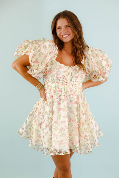 Floral Puff Sleeve Mini Dress- Vintage Inspired Dress- &Merci Bubble Dress