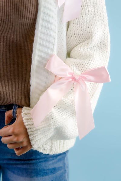 Ivory Knit Cardigan- Women's Pink Bow Cardigan- Oversized Pink Ribbon Cardigan