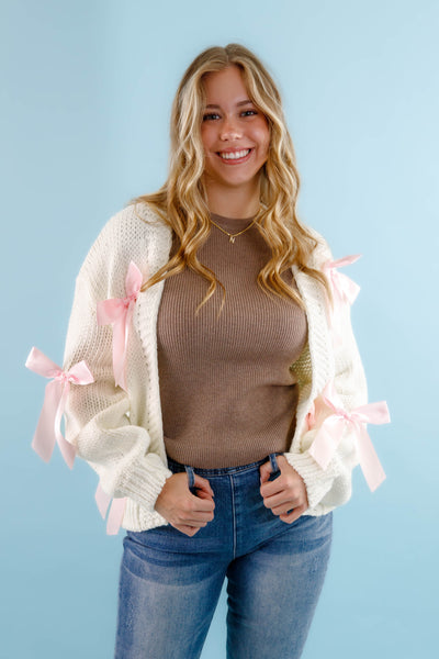 Ivory Knit Cardigan- Women's Pink Bow Cardigan- Oversized Pink Ribbon Cardigan