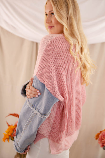 Women's Oversized Knit Sweater- Women's Denim Sleeve Sweater- Adora Color-Block Sweater