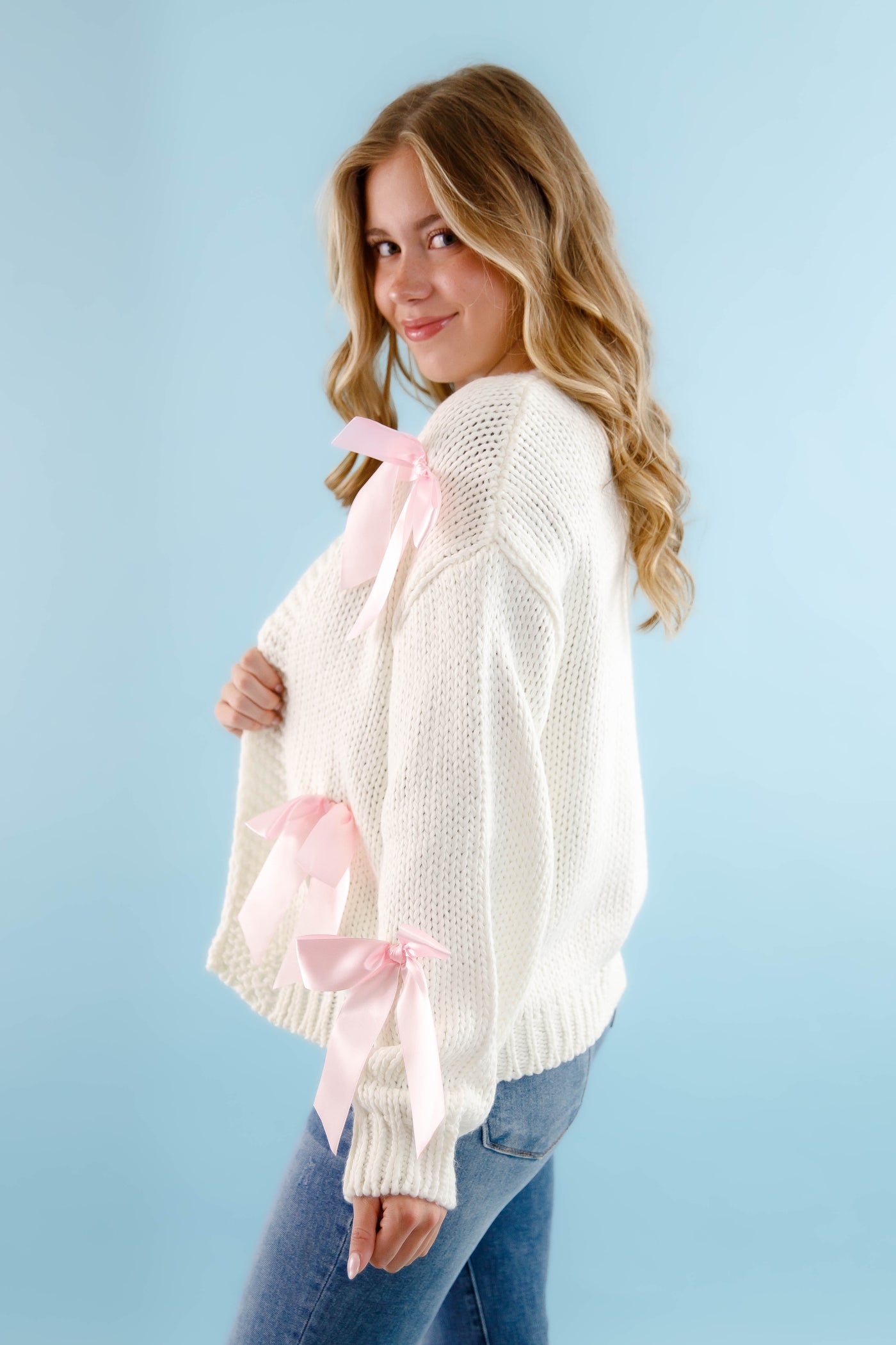 Ivory Knit Cardigan- Women's Pink Bow Cardigan- Oversized Pink Ribbon Cardigan