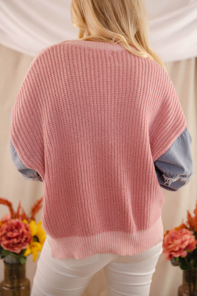 Women's Oversized Knit Sweater- Women's Denim Sleeve Sweater- Adora Color-Block Sweater